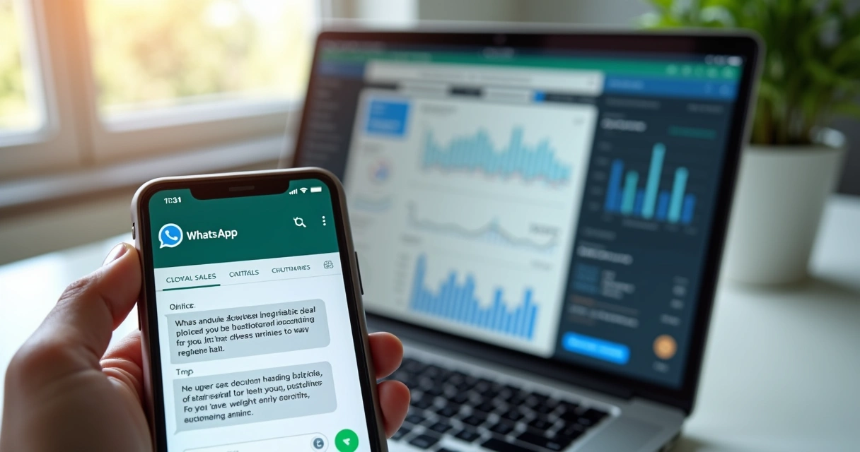 Smartphone showing a personalized chatbot conversation on WhatsApp with business dashboard on a laptop screen in the background 