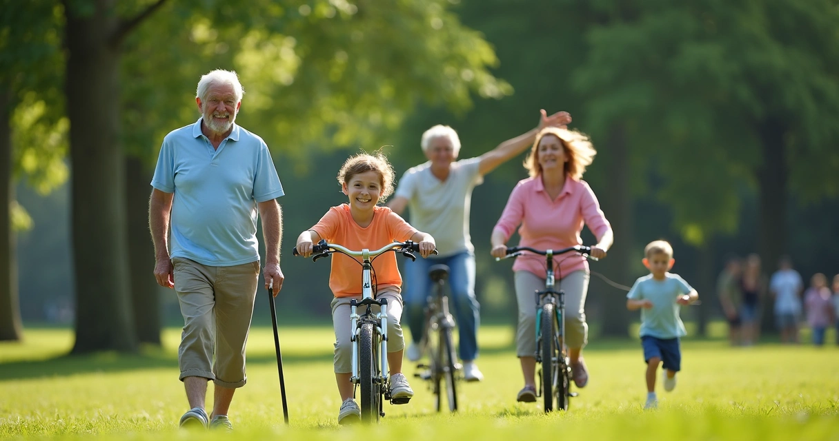 Grupo de personas de diferentes edades realizando actividad física ligera 