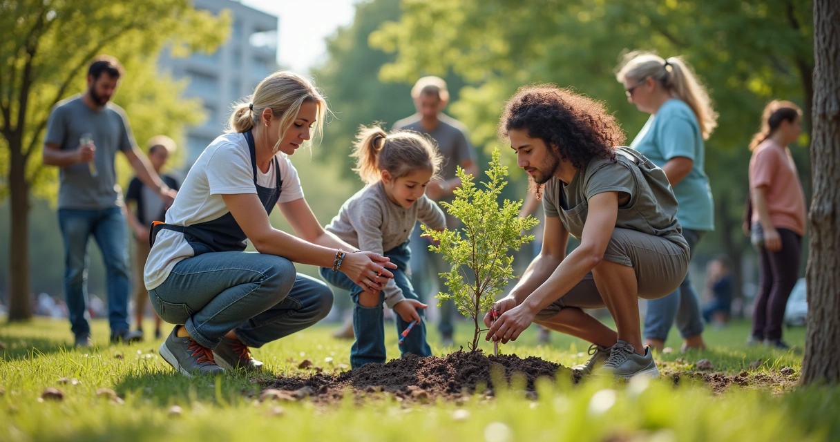 Grupo de personas colaborando en tareas comunitarias al aire libre 