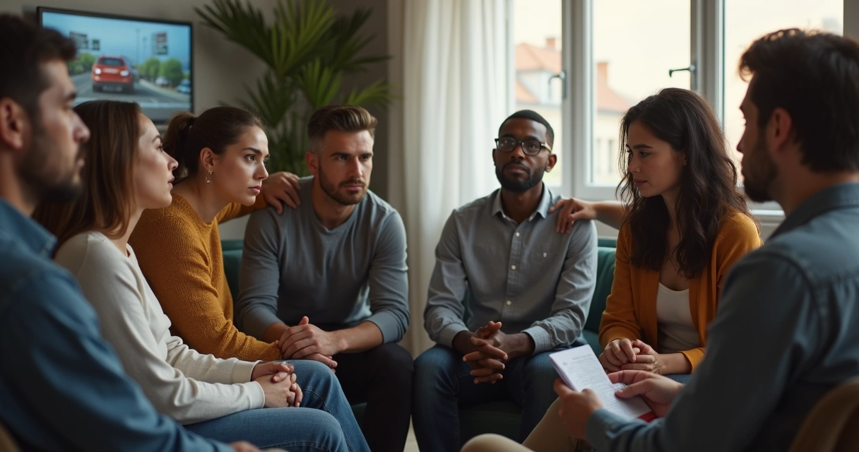 Grupo de personas sentadas apoyándose entre sí en un momento difícil 