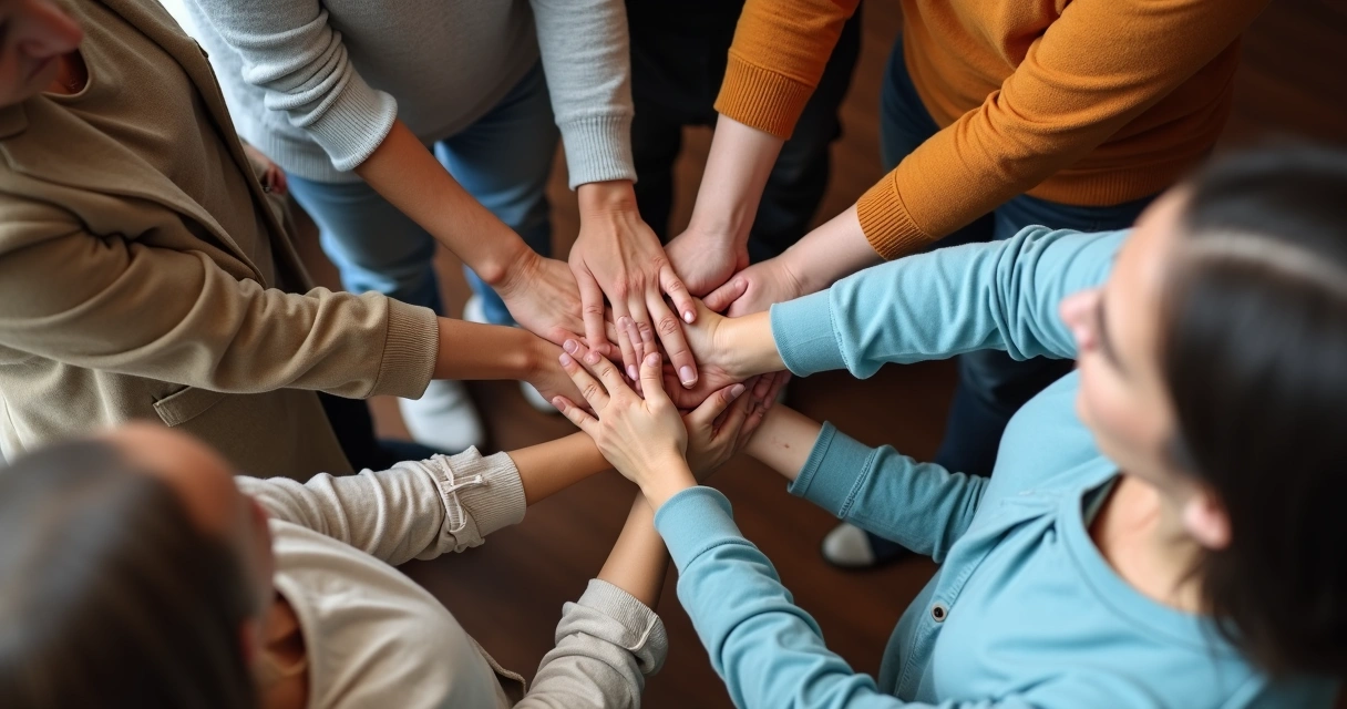 Grupo de personas apoyándose en círculo con las manos unidas 