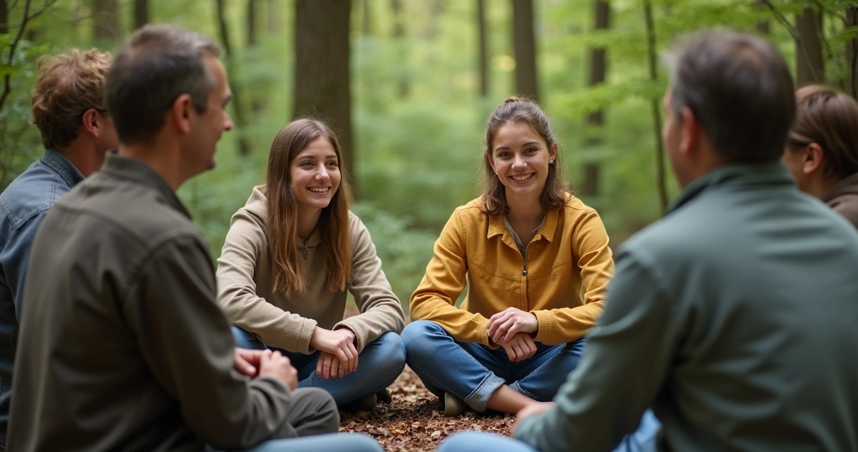 Grupo de personas sentados en círculo en la naturaleza apoyándose 