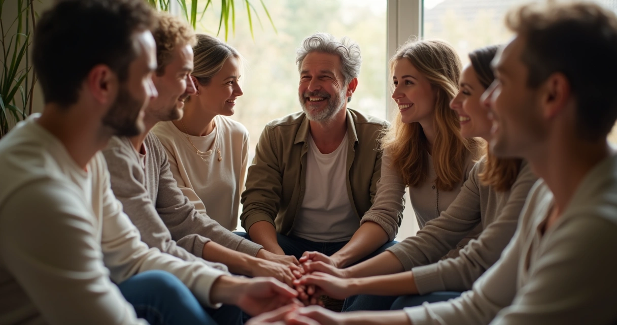 Grupo de personas sentadas en círculo ofreciendo apoyo emocional mutuo