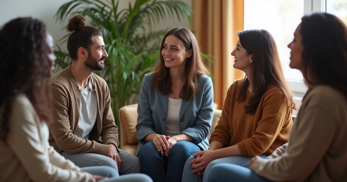 Grupo de personas sentadas en círculo conversando con apoyo emocional 