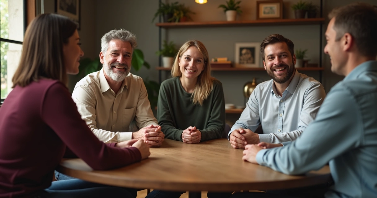 Grupo de personas reunidas en un entorno acogedor, apoyándose entre sí 