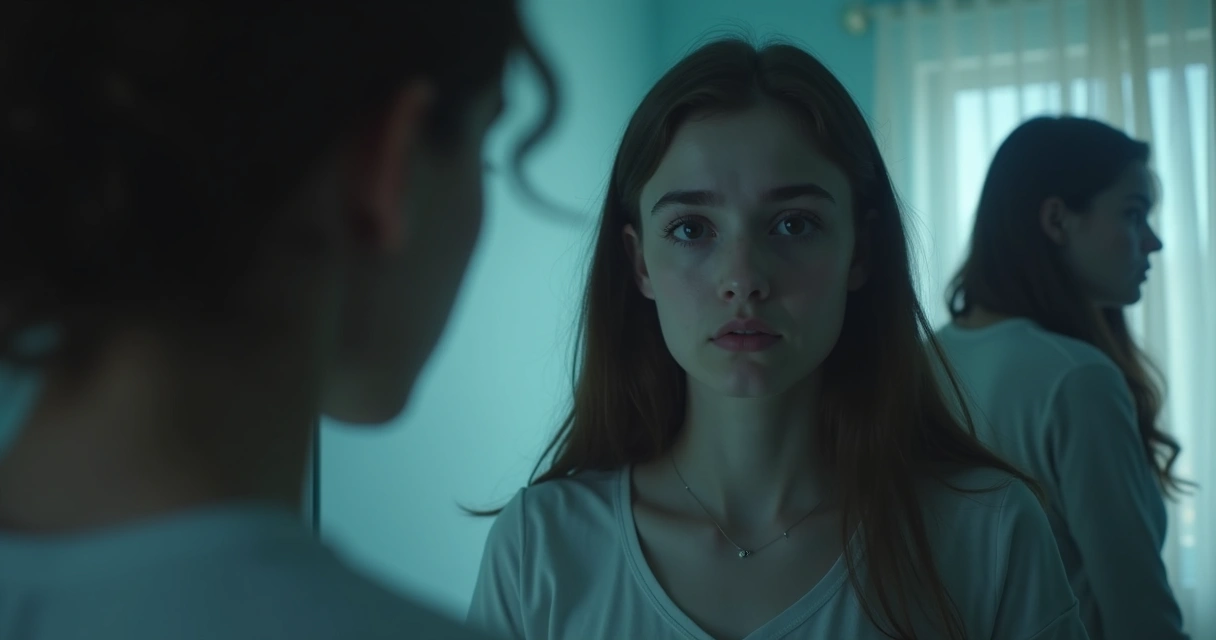 Persona mirándose en el espejo rodeada de sombras que representan opiniones externas