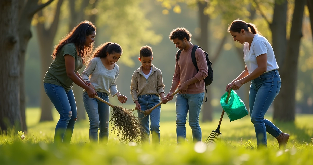 Varias personas ayudan a limpiar un parque en grupo 