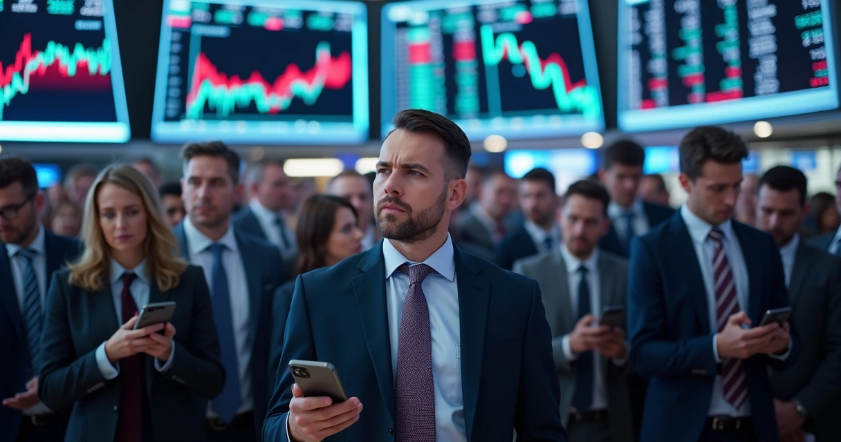 Grupo de personas frente a bolsas de valores mostrando preocupación 