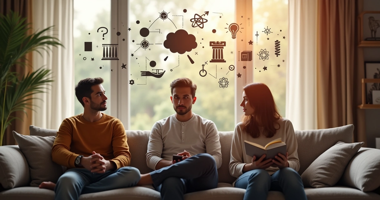 Personas sentadas reflexionando con símbolos de ciencia y filosofía 