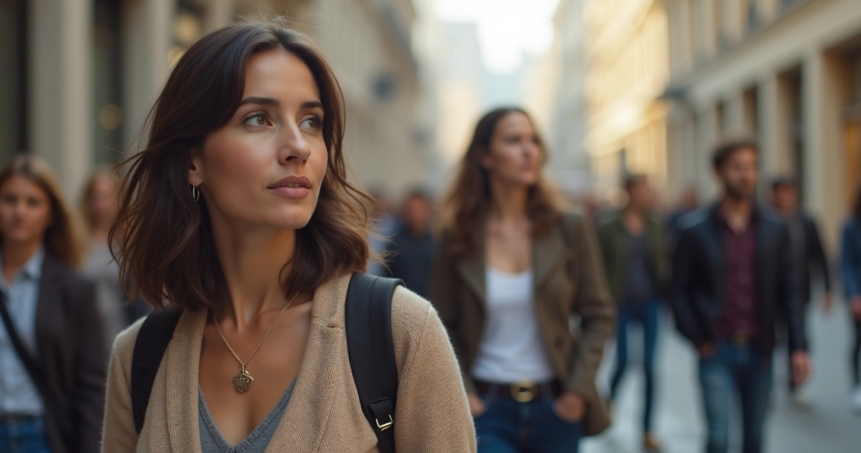 Varias personas caminan por una calle, algunas con la mirada perdida. 