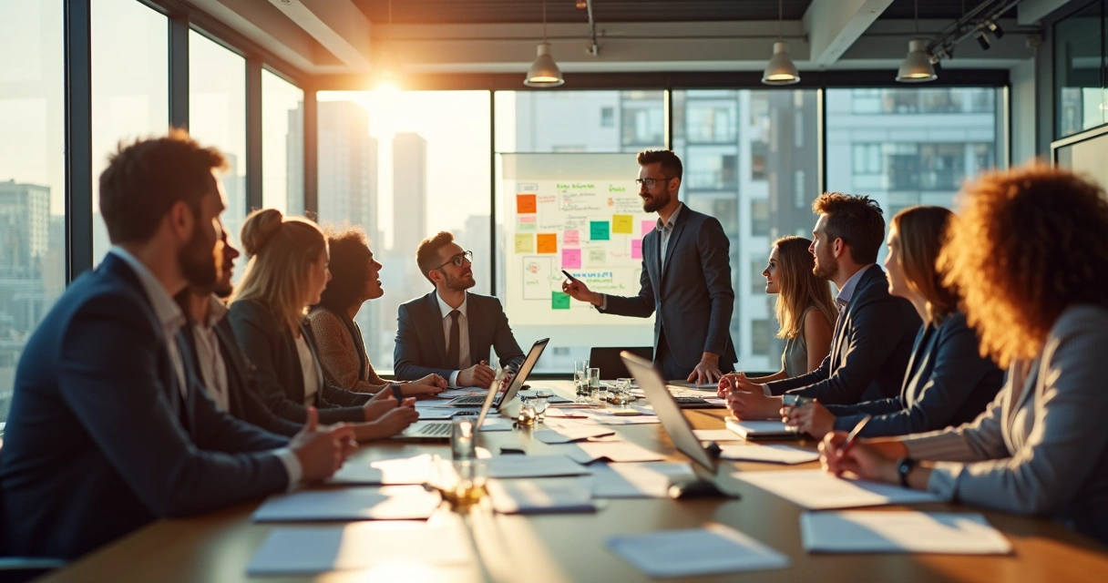 Equipo de trabajo en una oficina discutiendo ideas mientras sonríen