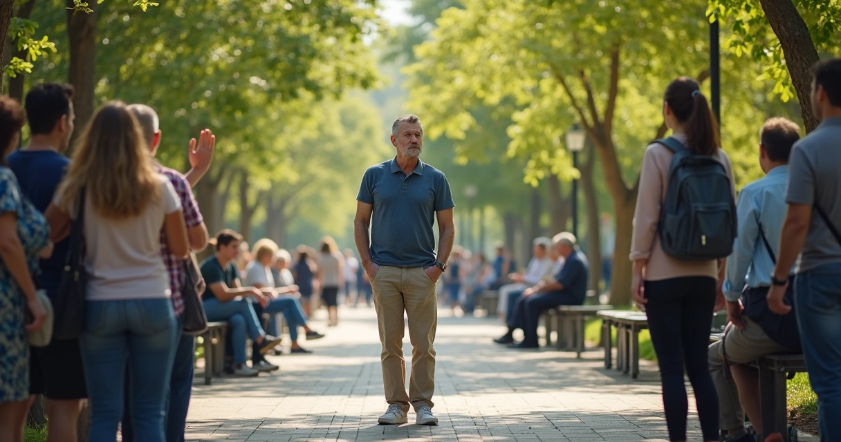 Persona cambiando de grupo de personas en un parque 