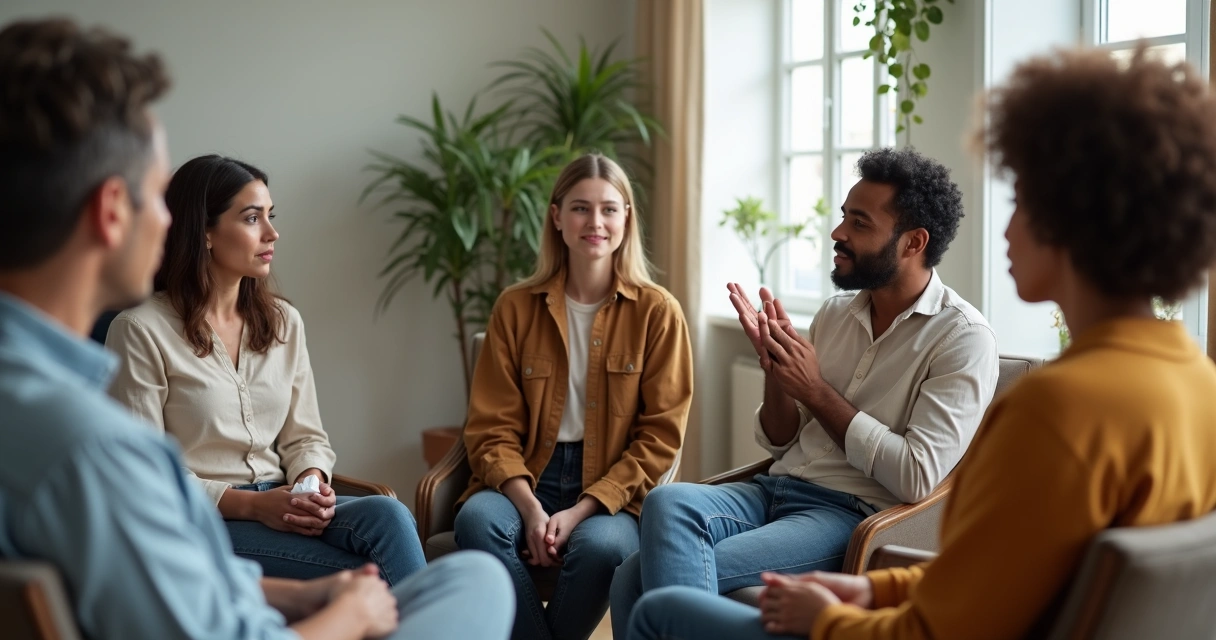 Grupo de personas sentadas en círculo hablando con emociones variadas