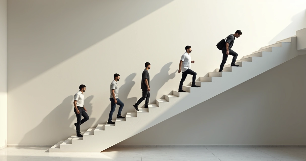 Personas subiendo diferentes tramos de escalera. 