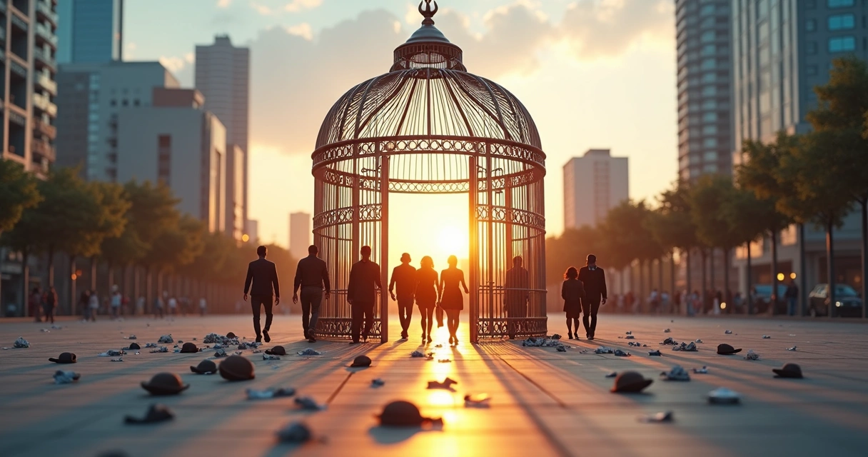 Grupo de personas saliendo de una jaula abierta hacia una ciudad luminosa 