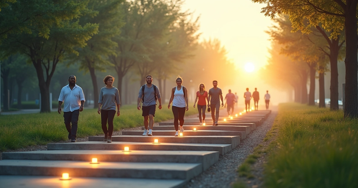 Varias personas subiendo un sendero escalonado hacia una luz suave al fondo 