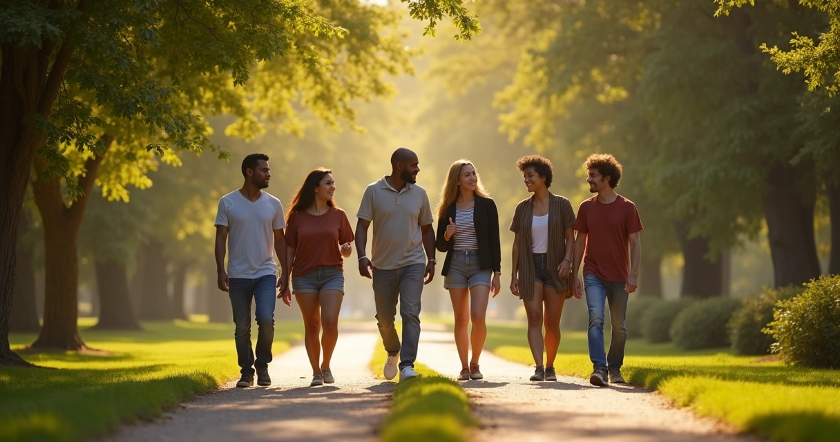 Grupo de adultos caminando juntos por un sendero, simbolizando diferentes caminos y decisiones.
