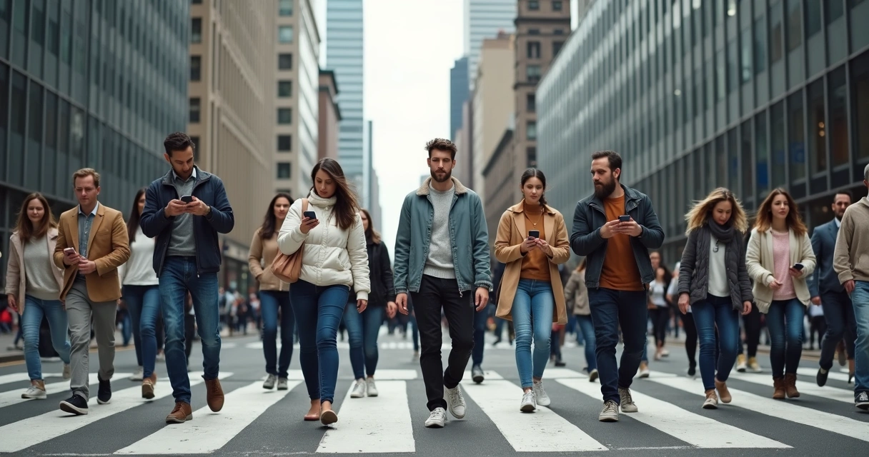 Personas caminando en una ciudad moderna, reflejando comportamientos similares al cruzar una calle 