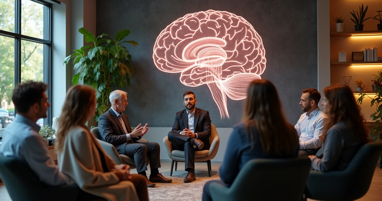 Grupo de personas conversando con ilustración de un cerebro en el fondo 