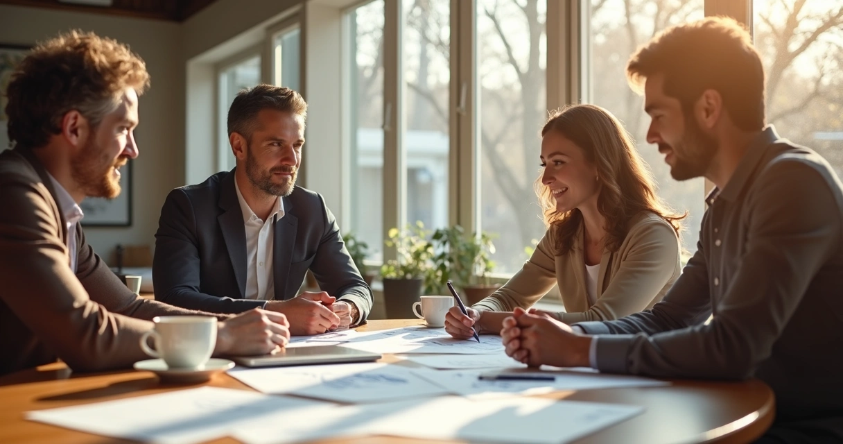 Tres personas colaborando en una mesa de trabajo con documentos y computadoras