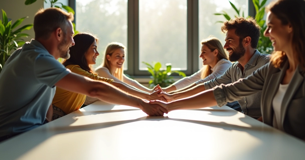 Personas sentadas alrededor de una mesa uniéndose las manos