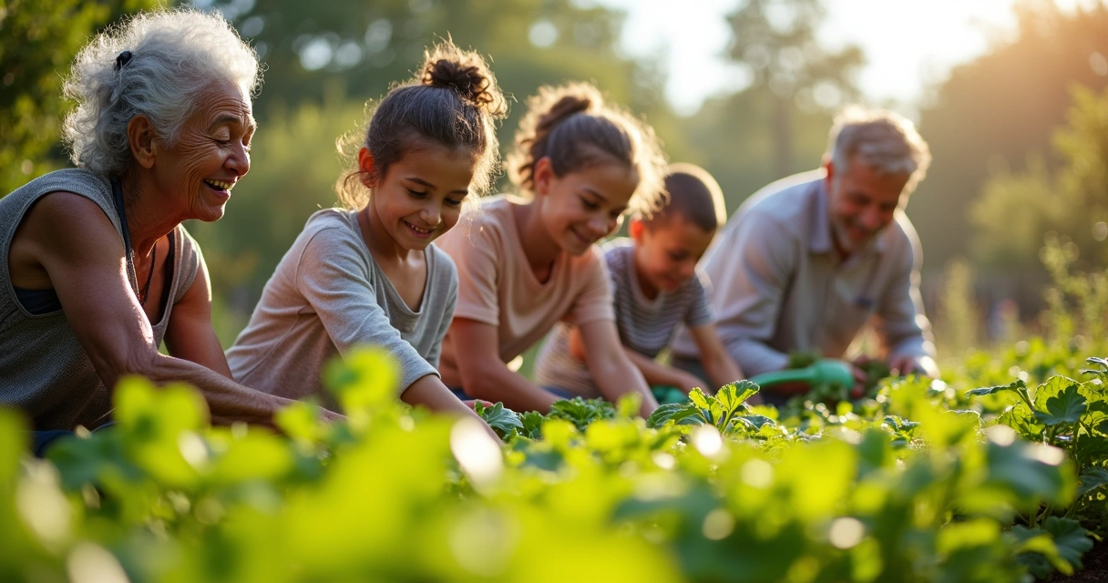 Personas de diversas edades colaborando en un huerto comunitario