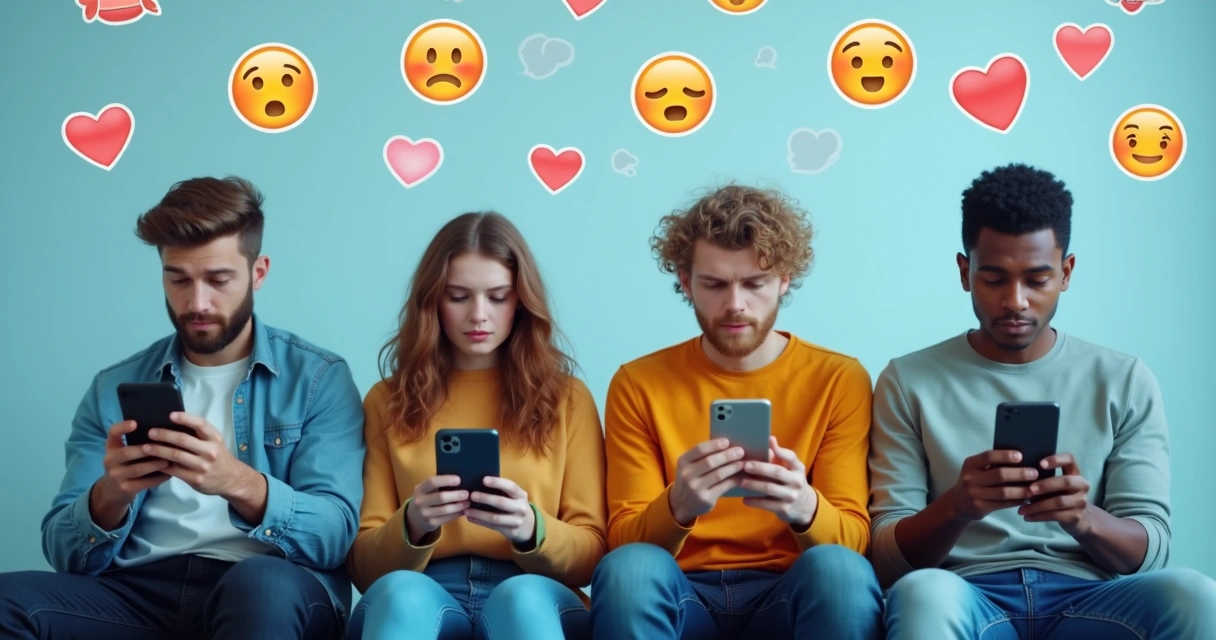 Jóvenes mirando pantallas, rodeados de íconos de redes sociales y comparándose entre sí 