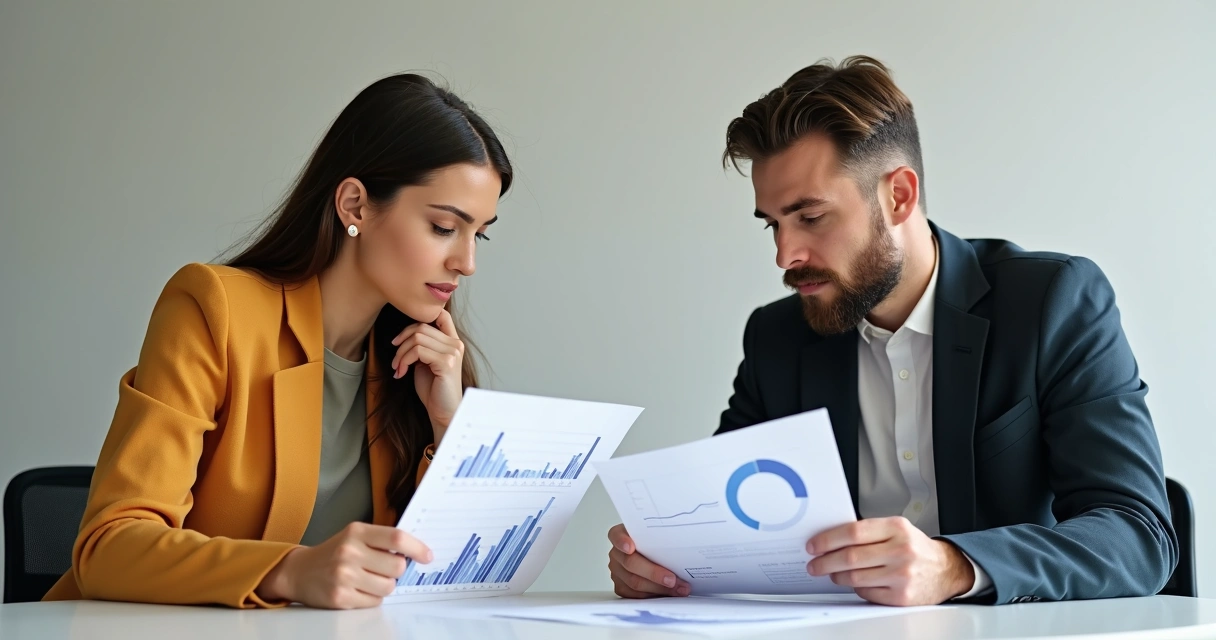 Dos personas sentadas, revisando gráficos de progreso en hojas, ambas con expresiones pensativas, fondo neutro
