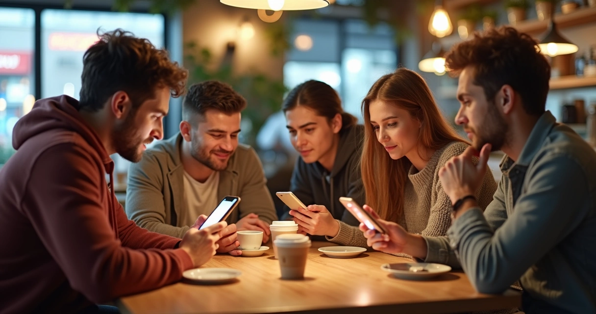 Varios jóvenes mirando fotos en móviles juntos en una mesa 