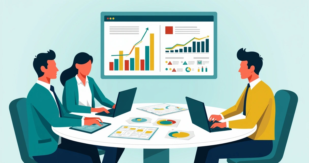 Pessoas analisam diferentes soluções digitais com gráficos e tablets 