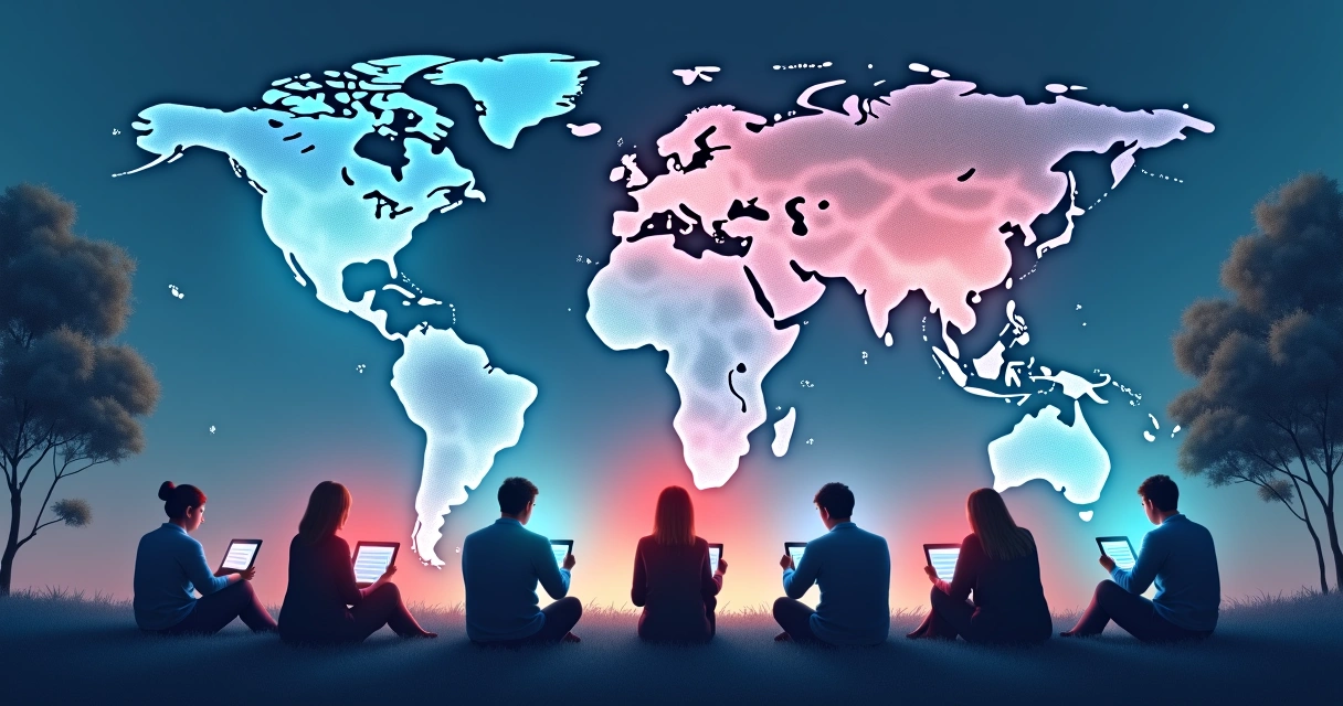 Personas conectadas compartiendo emociones a través de dispositivos digitales. 