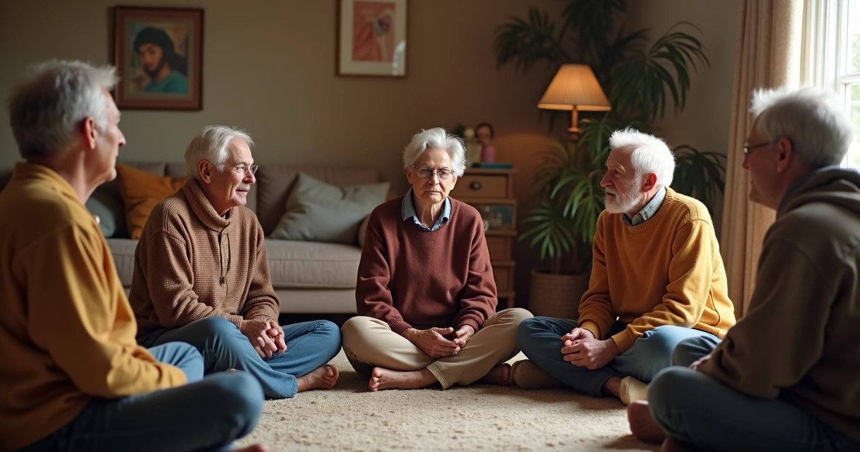 Grupo de personas sentadas en círculo conversando y compartiendo emociones.