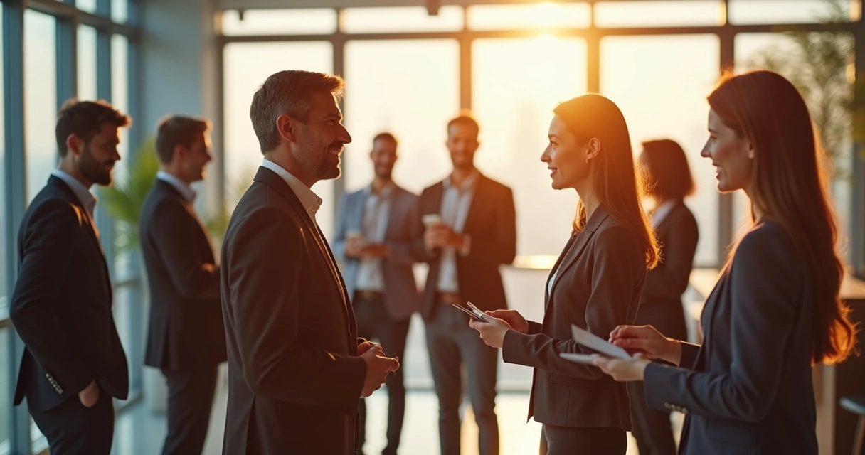 Grupo de personas conversando de pie en un entorno laboral moderno 