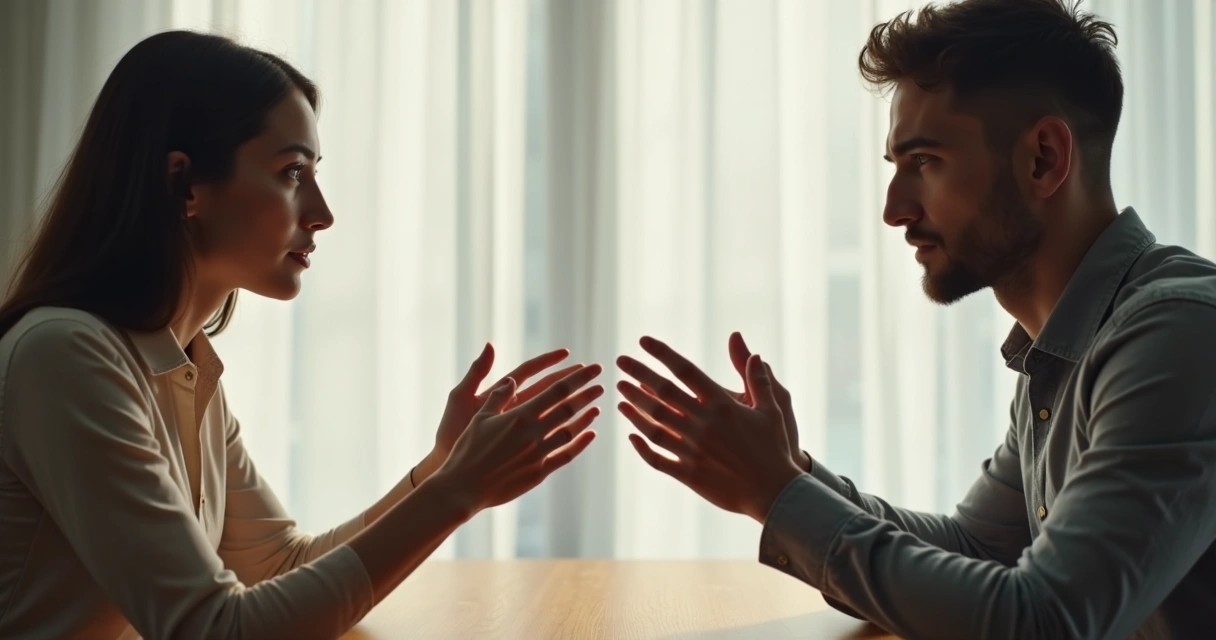 Dos personas sentadas frente a frente, usando gestos de manos y contacto visual durante una conversación 