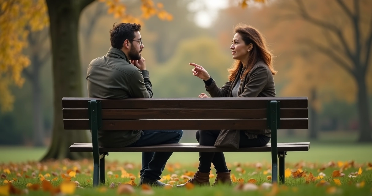 Dos personas conversando y reflexionando en un entorno natural 