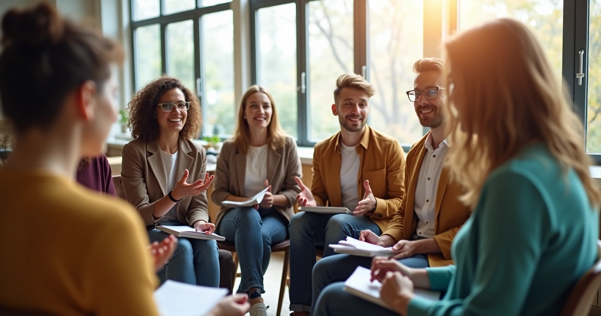 Grupo de personas comunicando emociones con lenguaje verbal y corporal