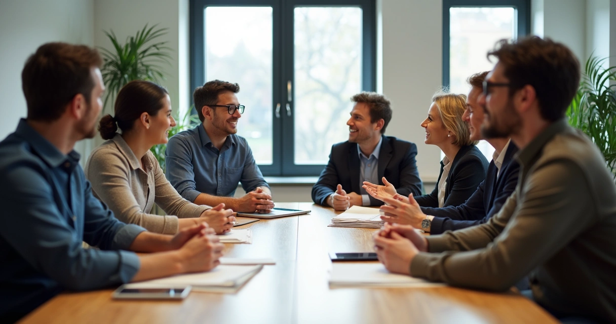 Personas sentadas en una mesa conversando, gestos atentos 