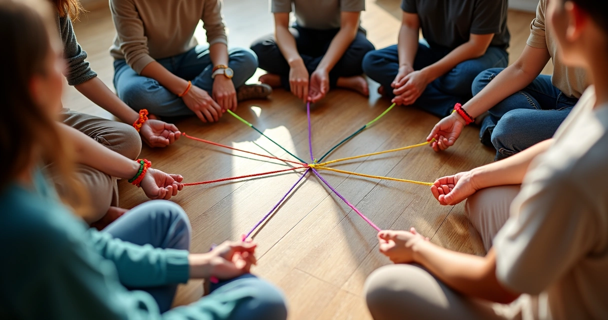 Personas sentadas en círculo, conectadas por hilos de colores