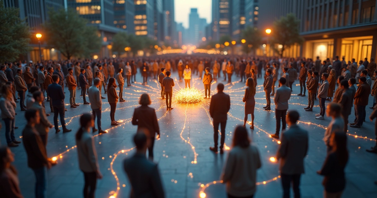 Grupo diverso de personas conectadas formando una red de conciencia colectiva 