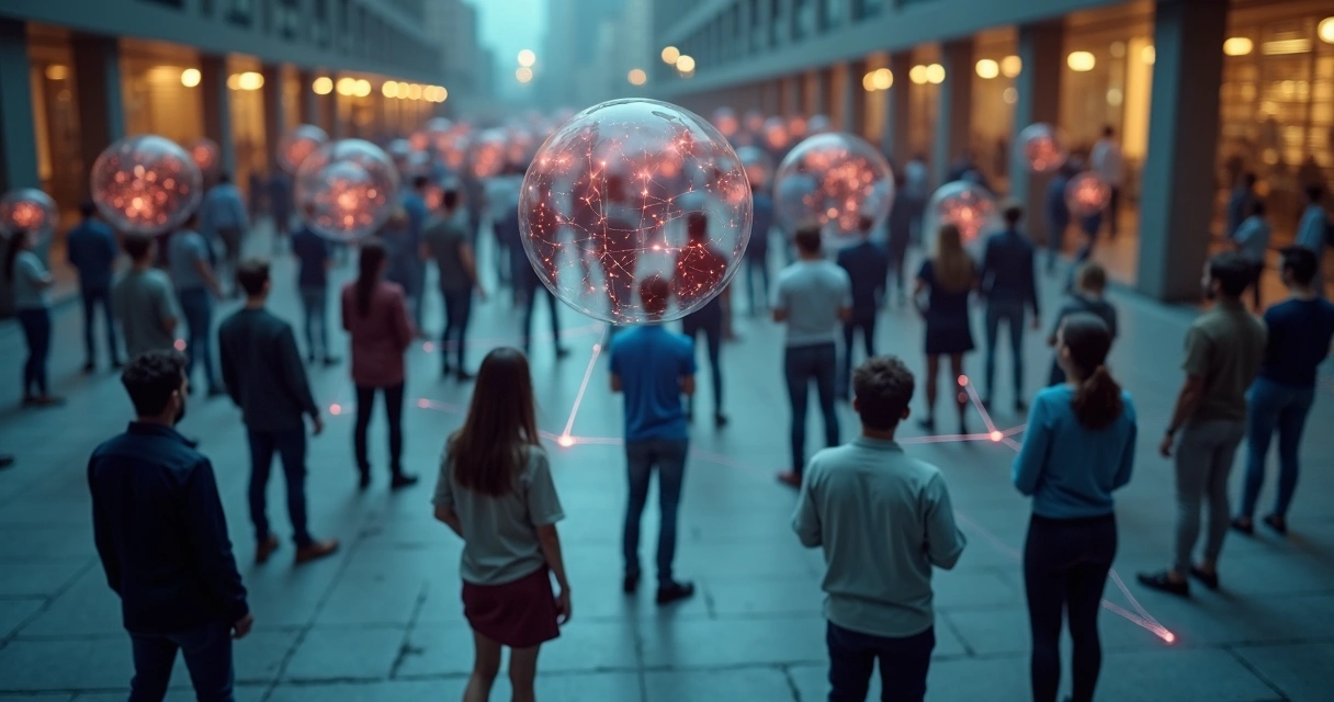 Personas conectadas por hilos luminosos que representan malestar emocional colectivo 