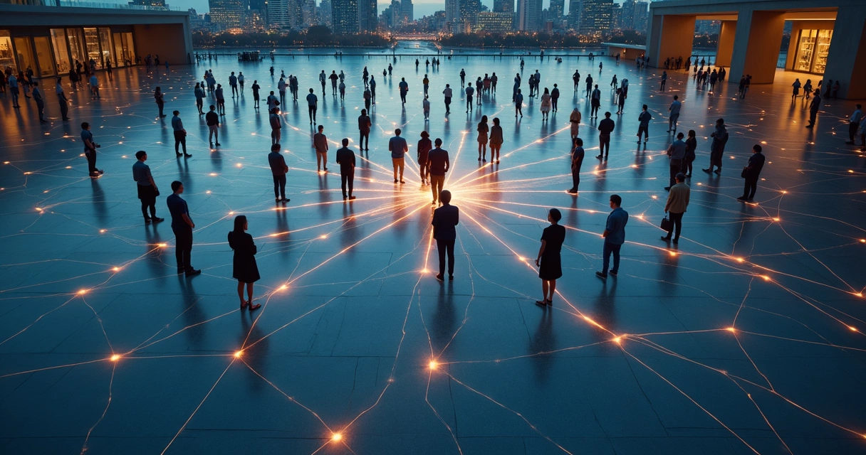 Personas conectadas formando una red luminosa de decisión colectiva 