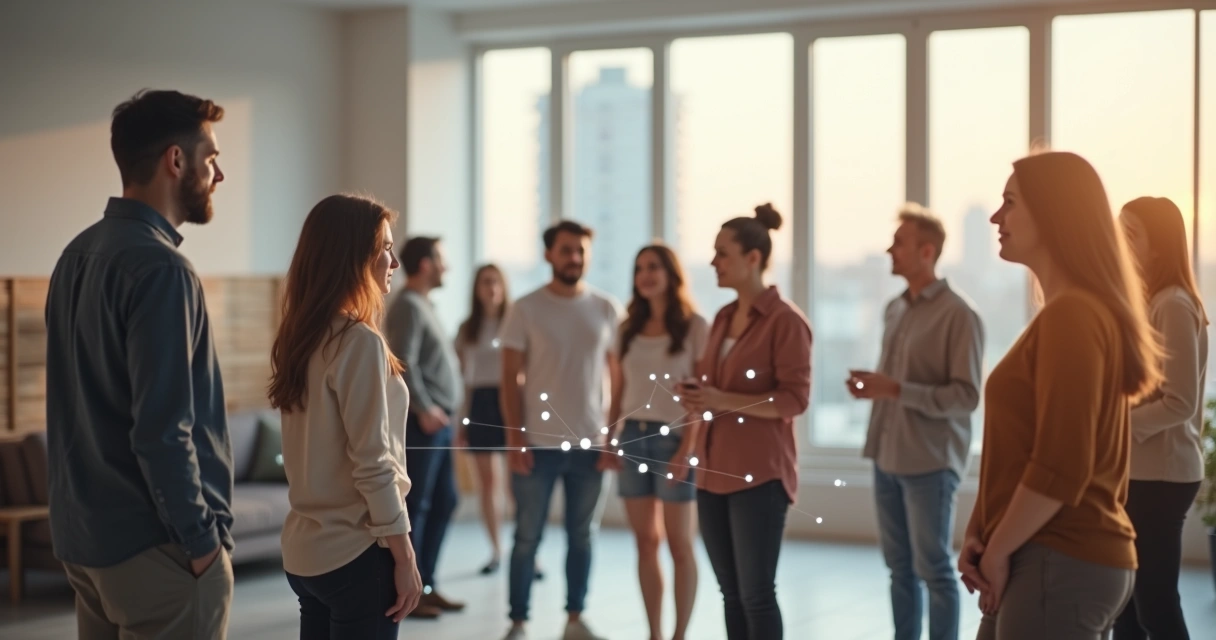 Grupo de personas conectadas por líneas luminosas en un espacio moderno 