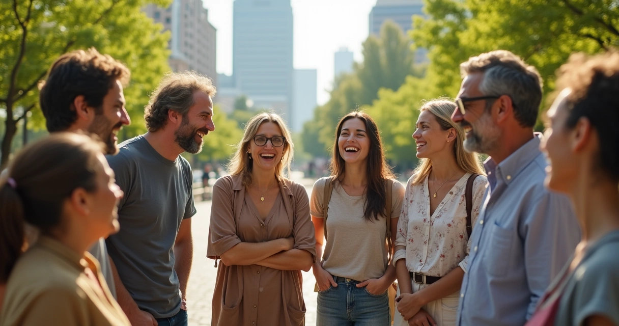 Grupo de personas de diferentes edades conversando y sonriendo en un parque urbano 