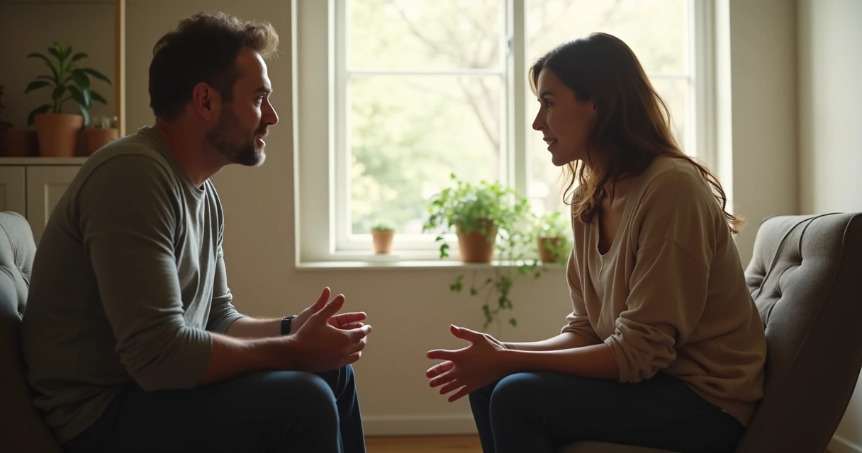 Dos personas sentadas frente a frente, conversando en una sala tranquila