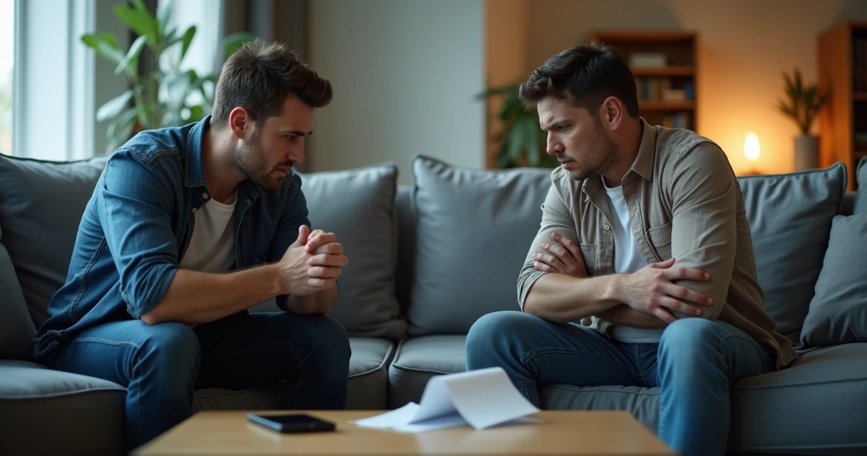 Dos personas sentadas en un sofá evitando una conversación difícil 