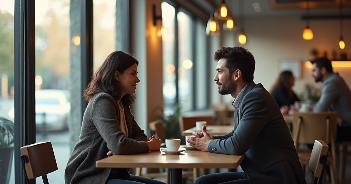 Dos personas conversando tranquilamente en una cafetería moderna con luz natural. 