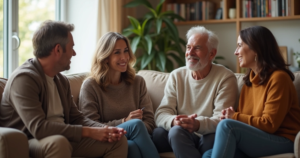 Personas adultas conversando y mostrando empatía en un entorno cómodo 
