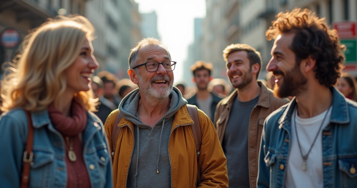 Varias personas conversando en una calle de ciudad