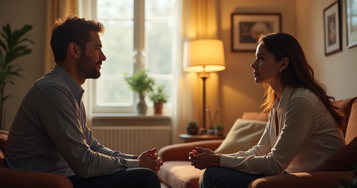 Dos personas conversando en una sala iluminada con luz suave y expresiones serenas 