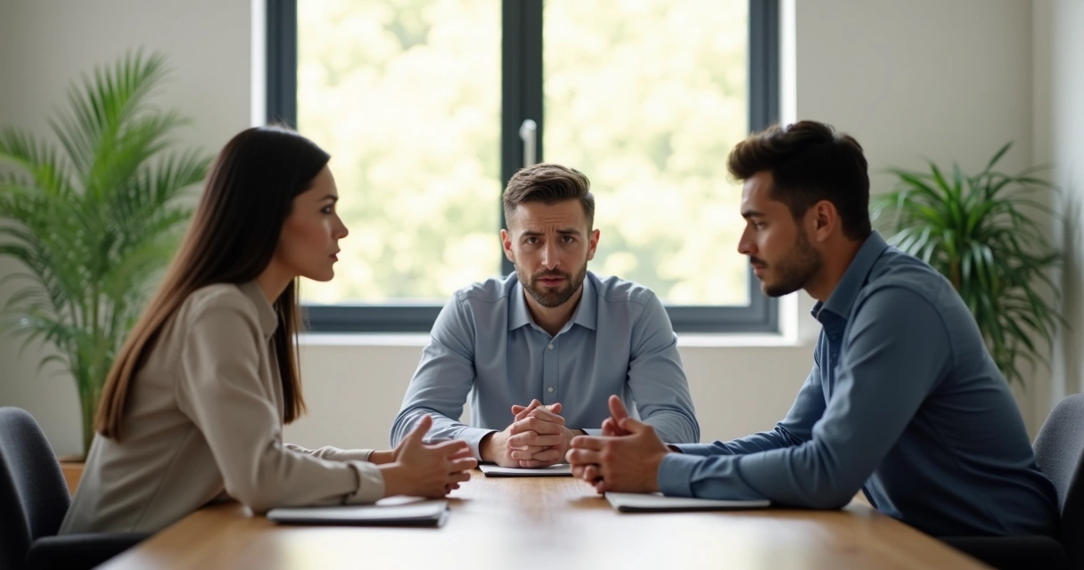 Mediación entre dos personas sentadas en sillas mirando a una tercera persona que media la conversación 